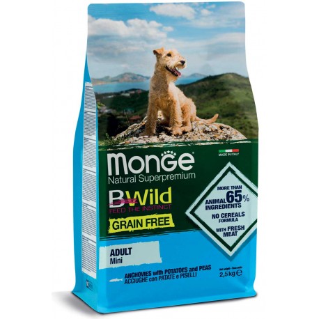 Monge Bwild Grain Free Mini Adult con Acciughe, Patate e Piselli 2,5Kg